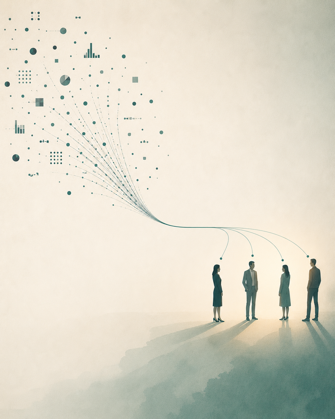 Scattered chart and data symbols converge along curved lines toward four people, in pale teal and cream.